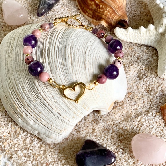 Genuine 14k Gold Plated Heart & Gemstone Bracelet - Keep Your Heart Centered - Picture 7 of 9